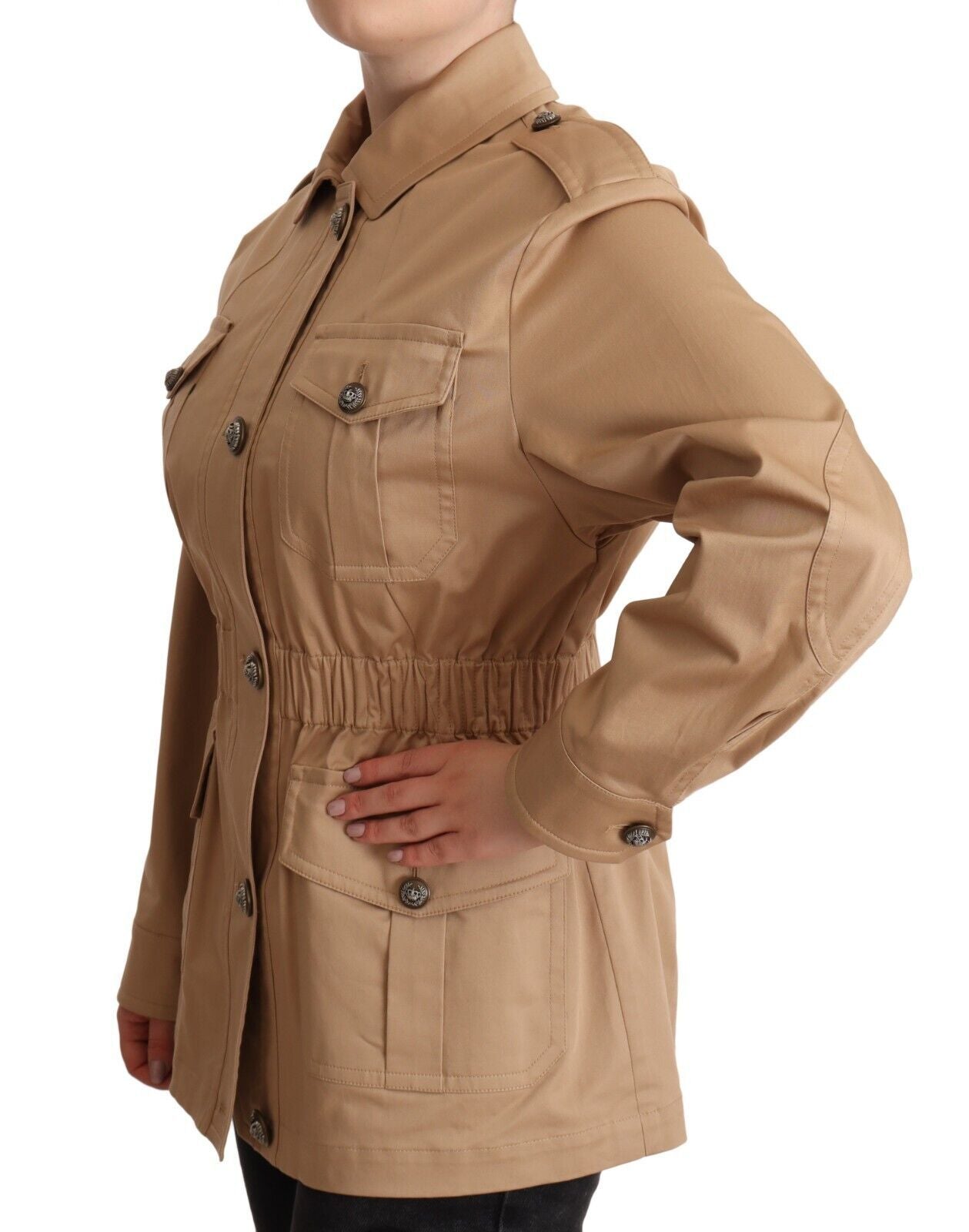 Chic Beige Button Down Coat with Embellishments
