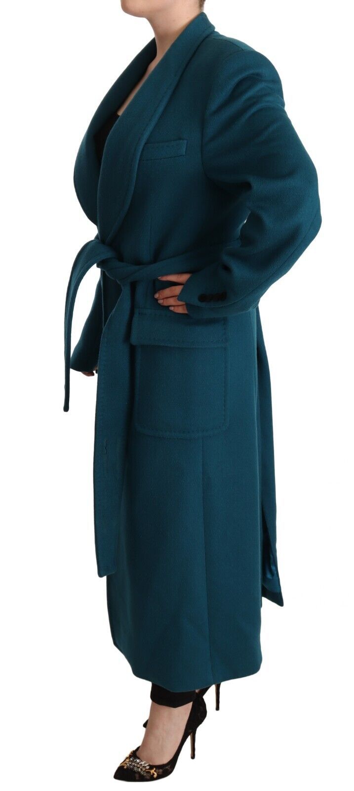 Elegant Blue Green Wool-Anogra Wrap Coat