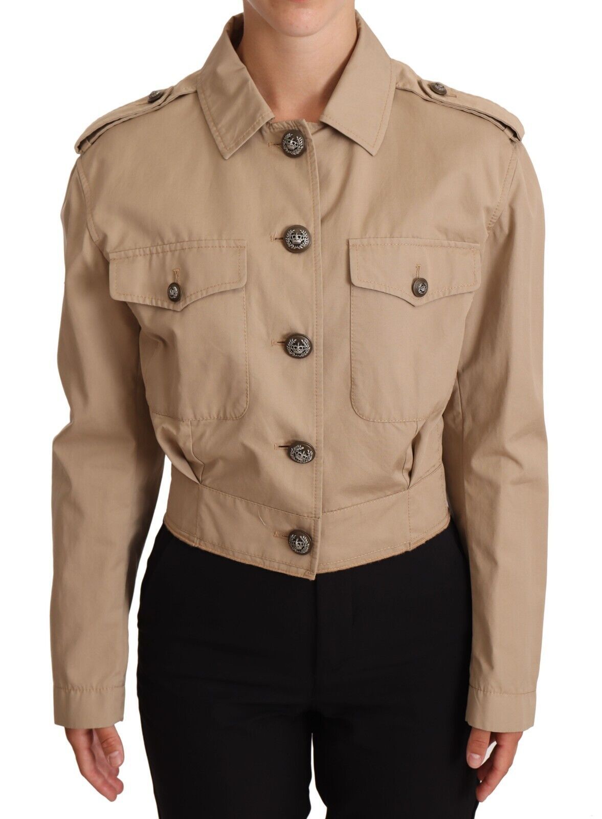 Beige Cropped Fitted Cotton Coat Jacket