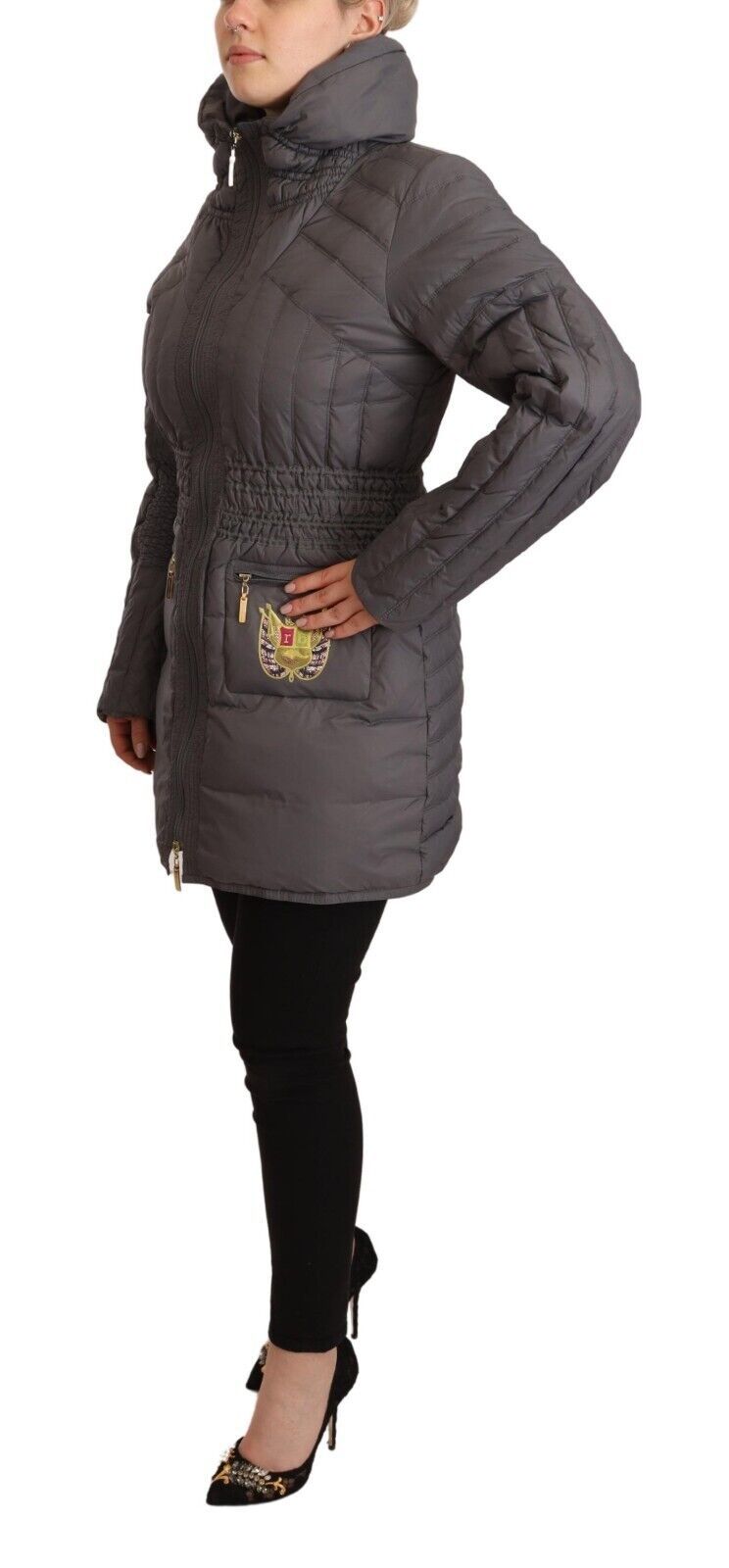 Elegant Quilted Long Jacket with Logo Patch