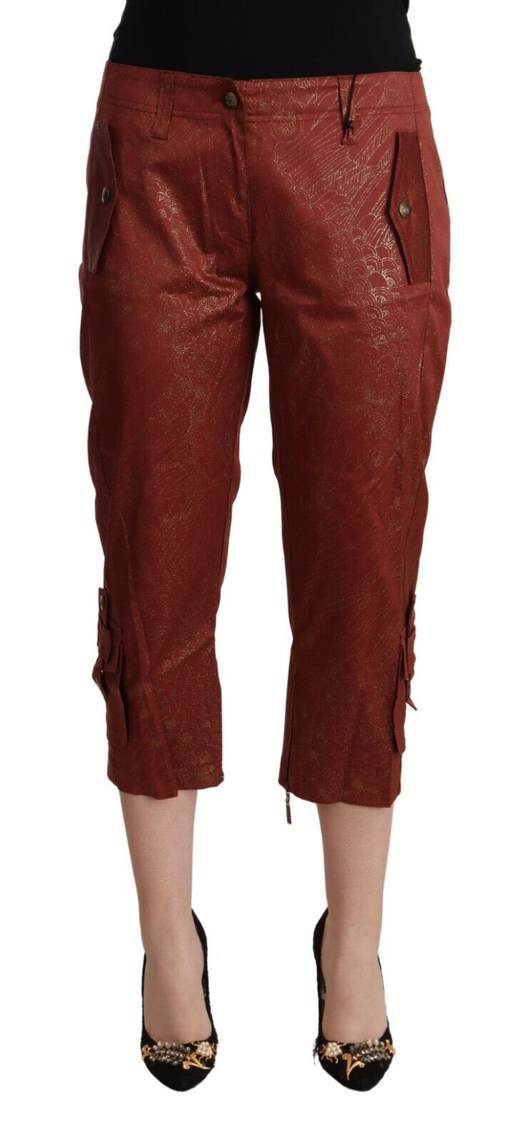 Brown Lurex Mid Waist Cotton Cropped Capri Pants