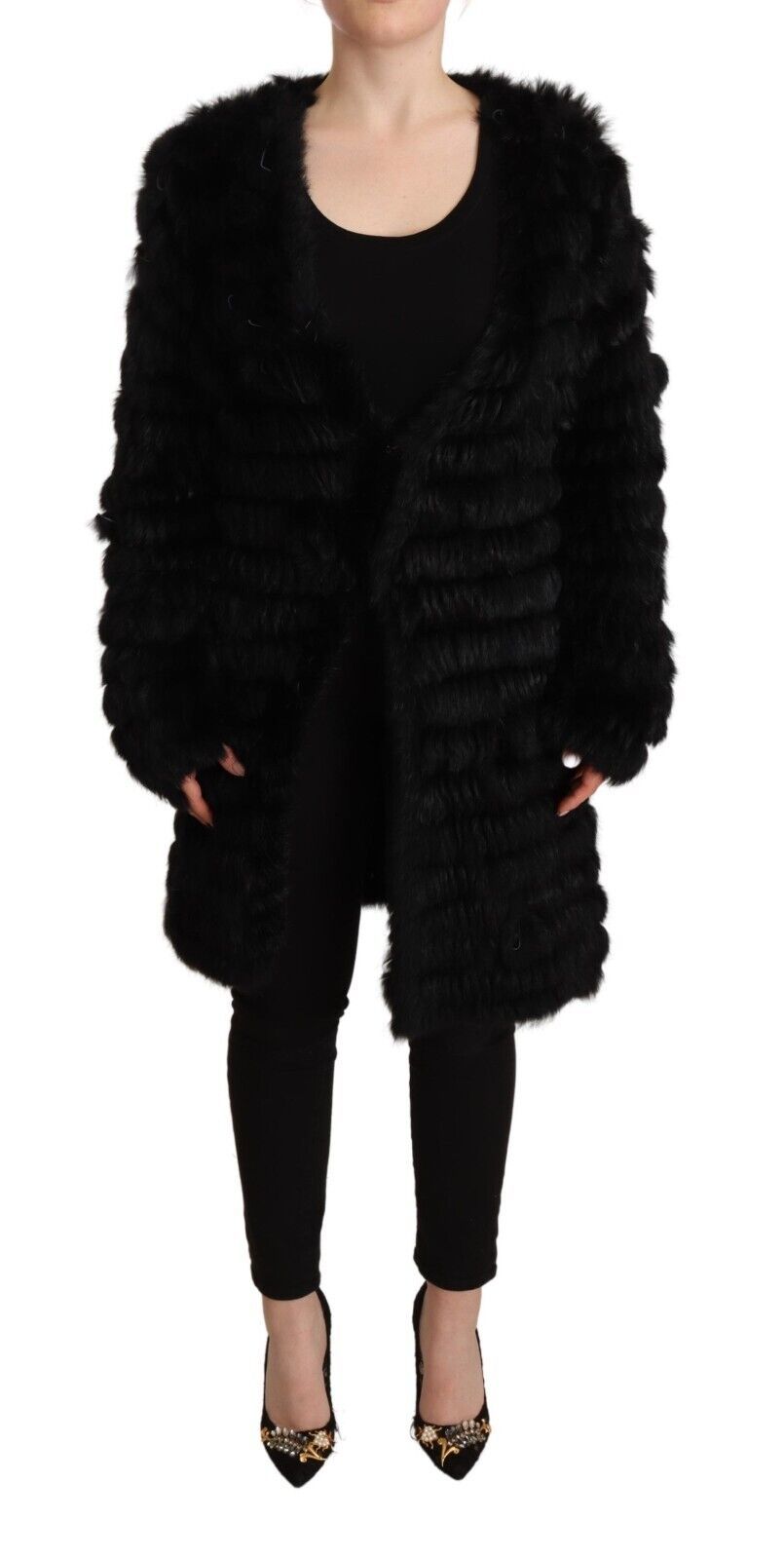 Black Rabbit Fur Cardigan Long Sleeves Jacket