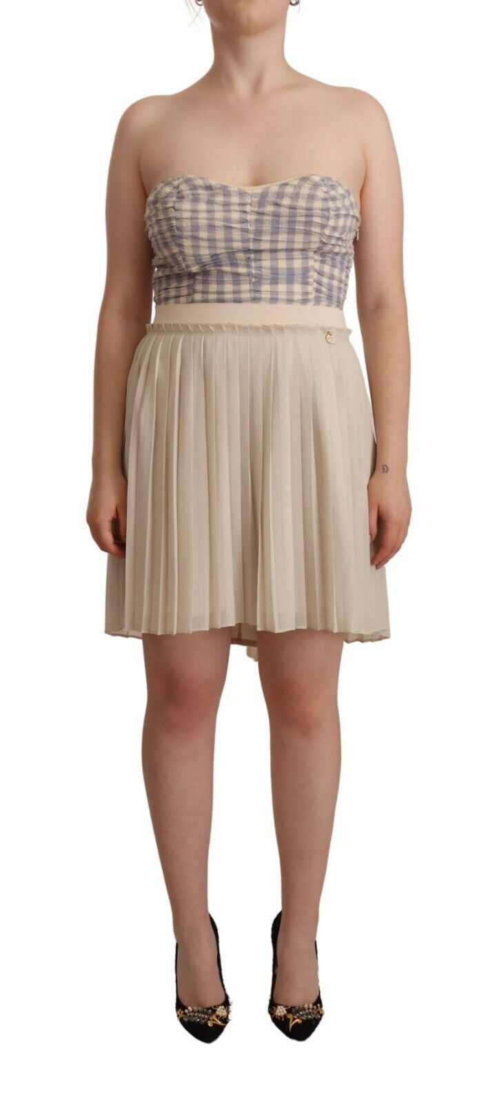 Beige Checkered Pleated A-line Strapless Bustier Dress