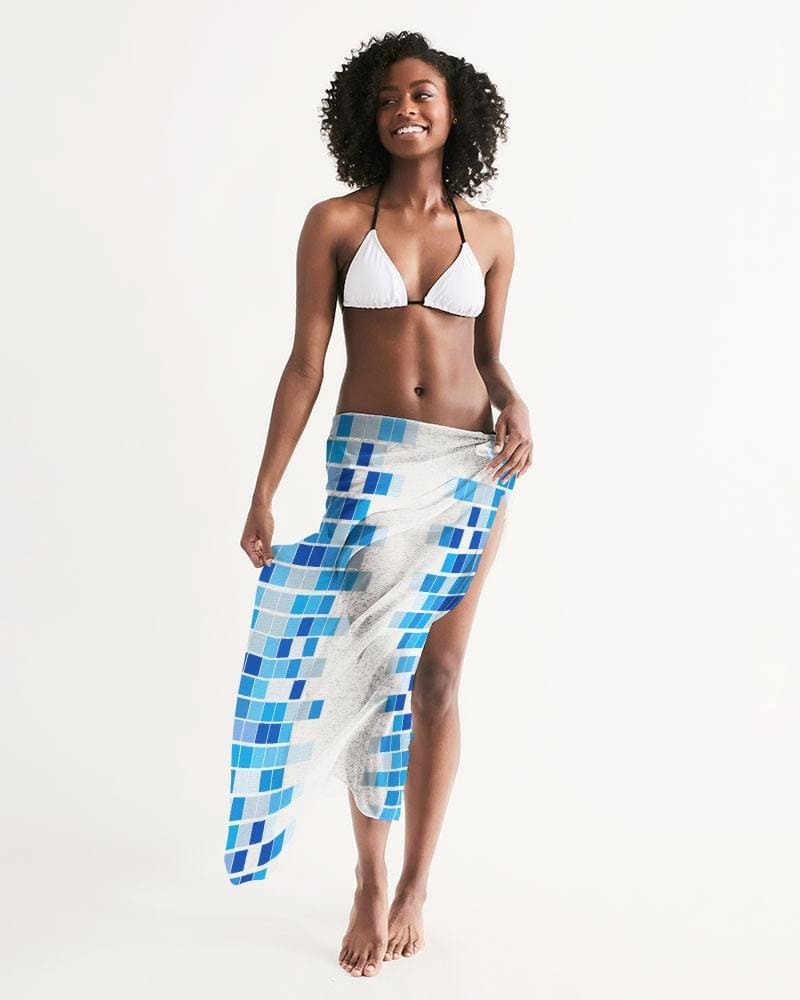 Buy Sheer Mosaic Squares Blue and White Swimsuit Cover Up by inQue.Style