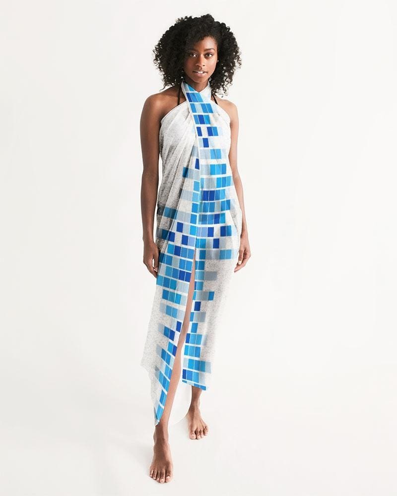 Buy Sheer Mosaic Squares Blue and White Swimsuit Cover Up by inQue.Style