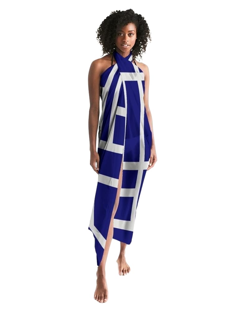 Sheer Sarong Swimsuit Cover Up Wrap / Geometric Dark Blue and White